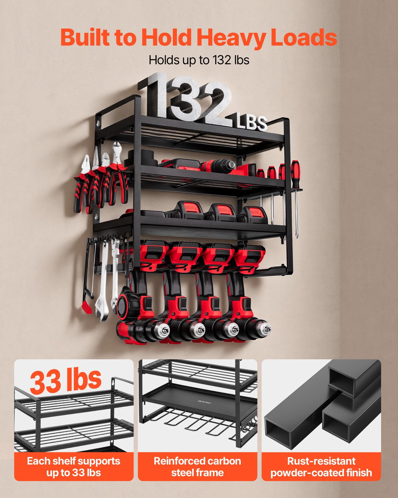 4-Tier Compact Wall Mounted Power Tool Organizer | Heavy Duty Garage Storage Rack with Drill Holder & Shelves (132lb Capacity)