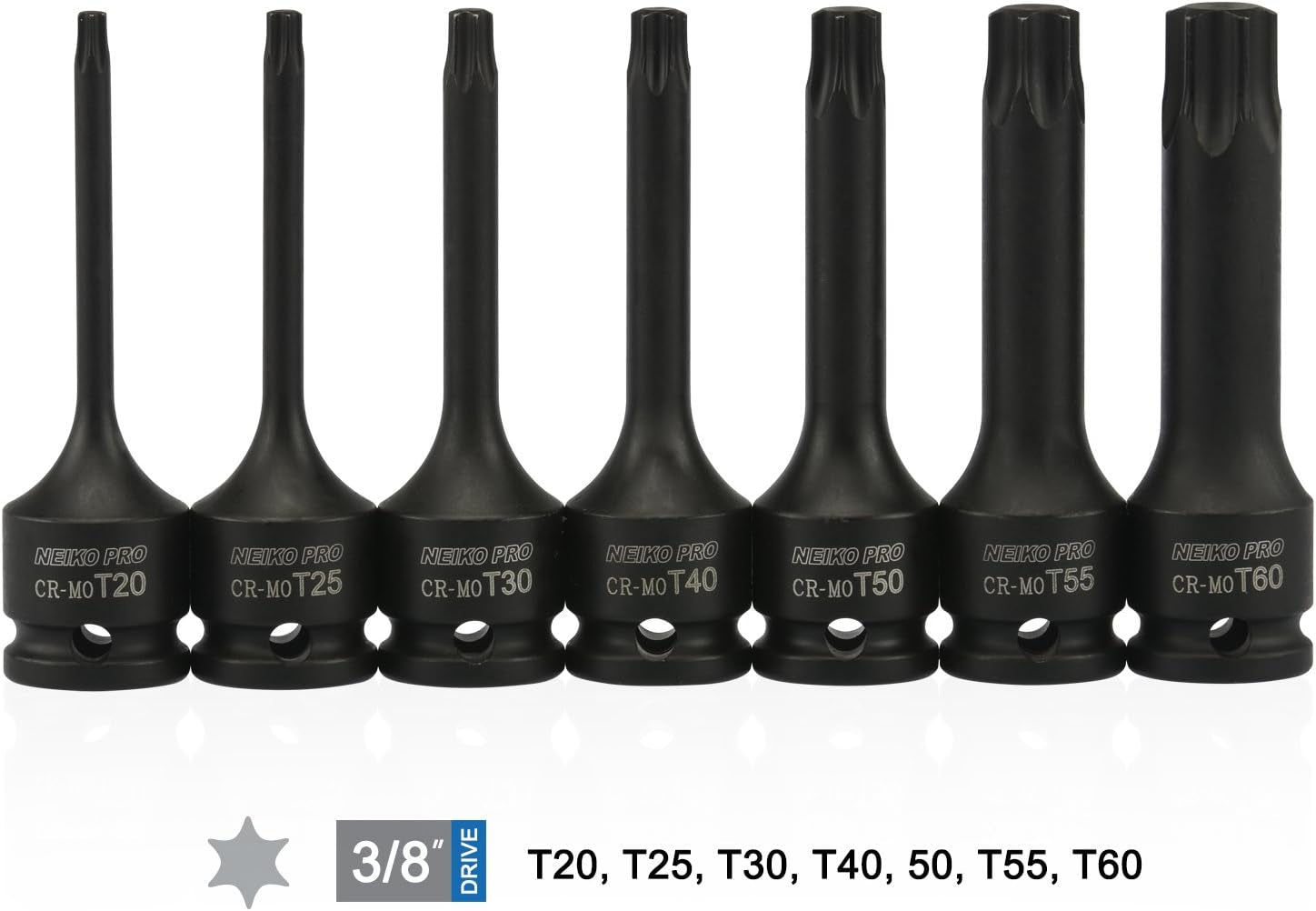 01132B 3/8” Drive Torx Star Driver Bit Socket Set | 7 Piece | T20 to T60 | 3” Length | Cr-Mo Impact Grade