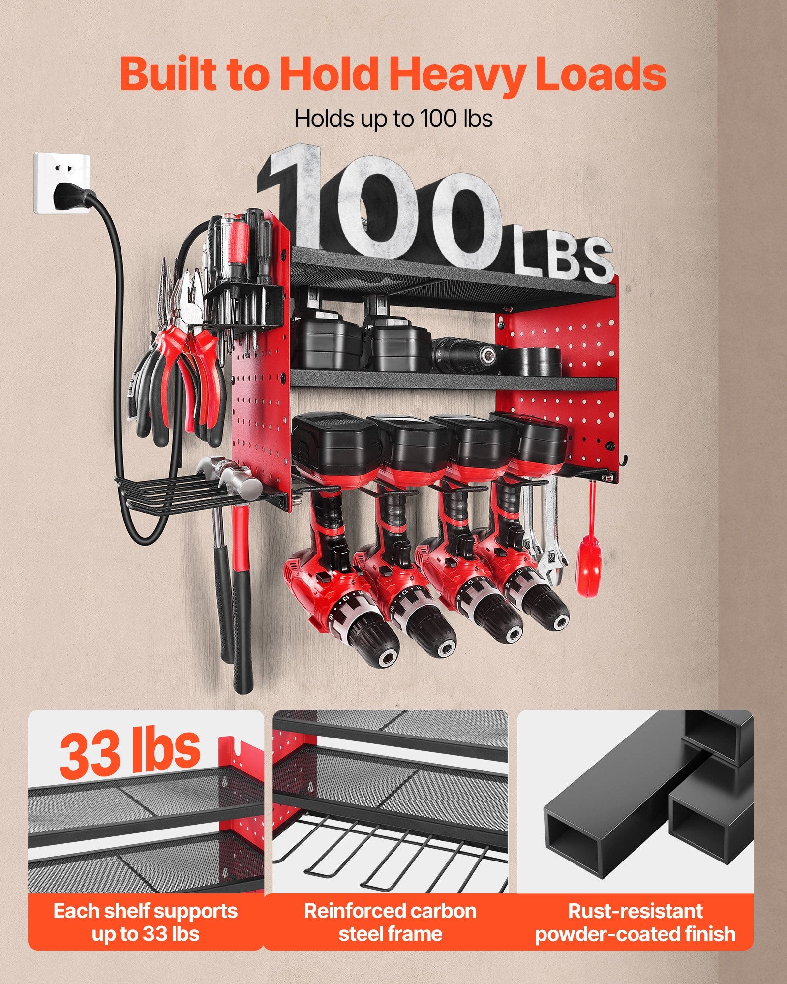 3-Tier Wall Mounted Power Tool Organizer with Charging Station | Pegboard Garage Storage Rack, 8-Outlet Power Strip, Drill Holder