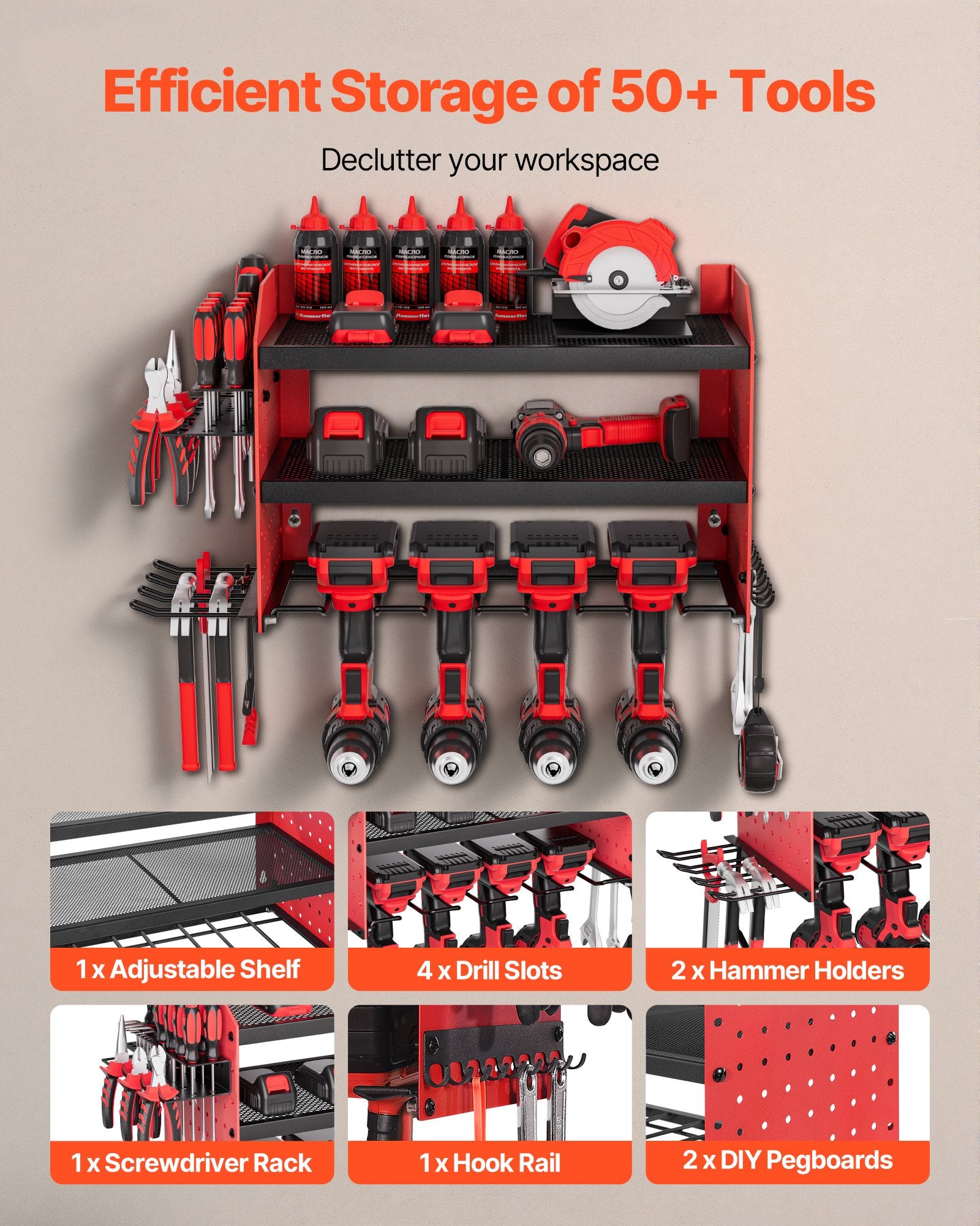 3-Tier Wall Mounted Power Tool Organizer Rack | Adjustable Shelf Garage Storage with Pegboard Sides & Drill Holder (100lb Capacity)