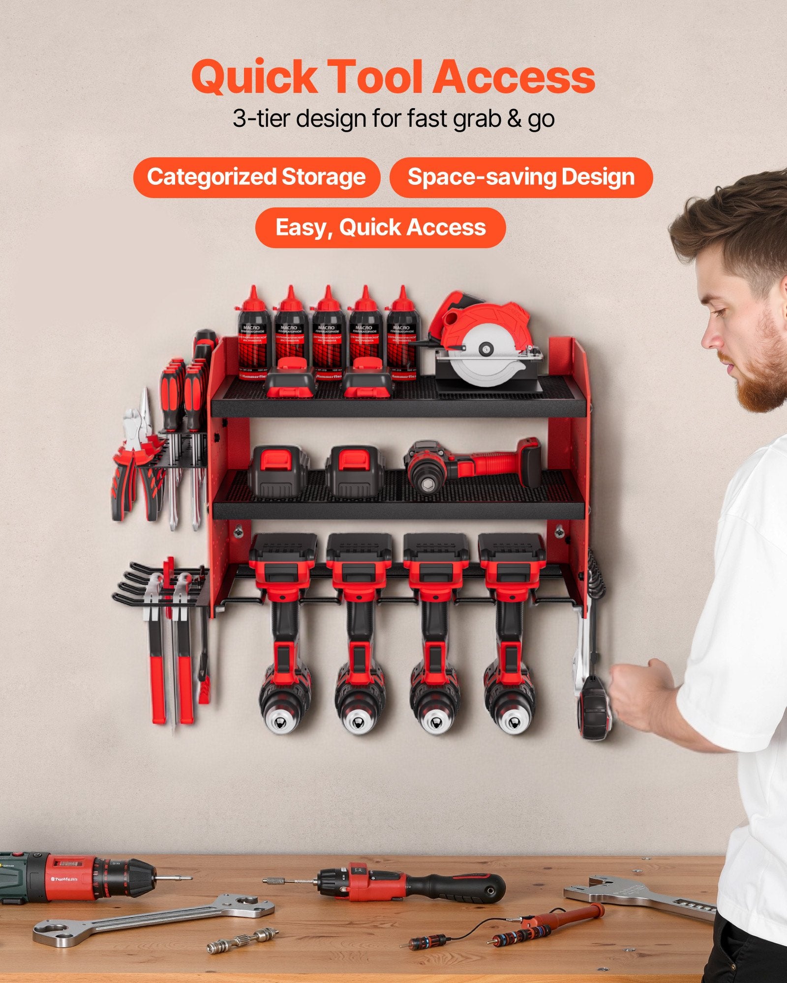 3-Tier Wall Mounted Power Tool Organizer Rack | Adjustable Shelf Garage Storage with Pegboard Sides & Drill Holder (100lb Capacity)