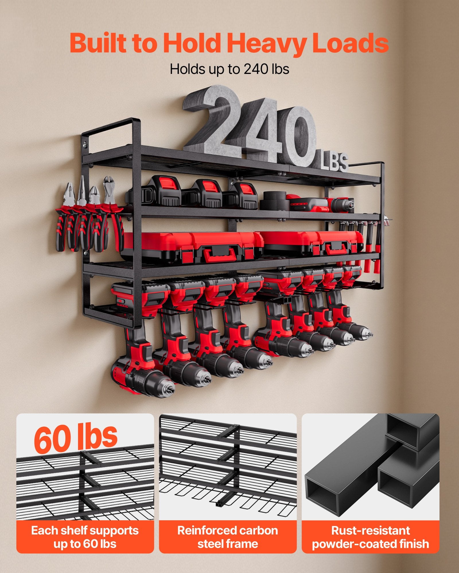 4-Tier Wall Mounted Power Tool Organizer Rack | Heavy Duty Garage Storage with Drill Holder, Shelves & Hooks (240lb Capacity)