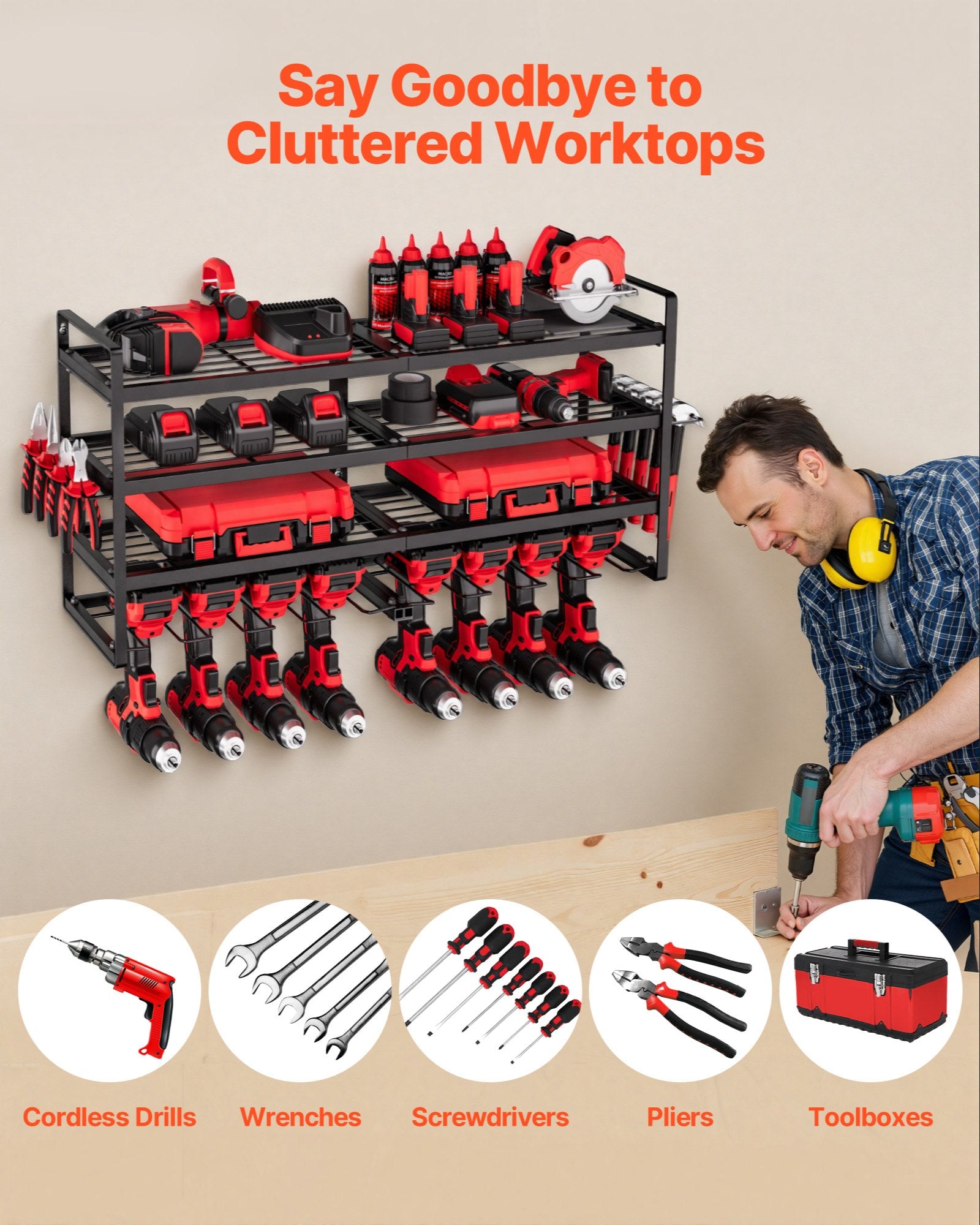 4-Tier Wall Mounted Power Tool Organizer Rack | Heavy Duty Garage Storage with Drill Holder, Shelves & Hooks (240lb Capacity)