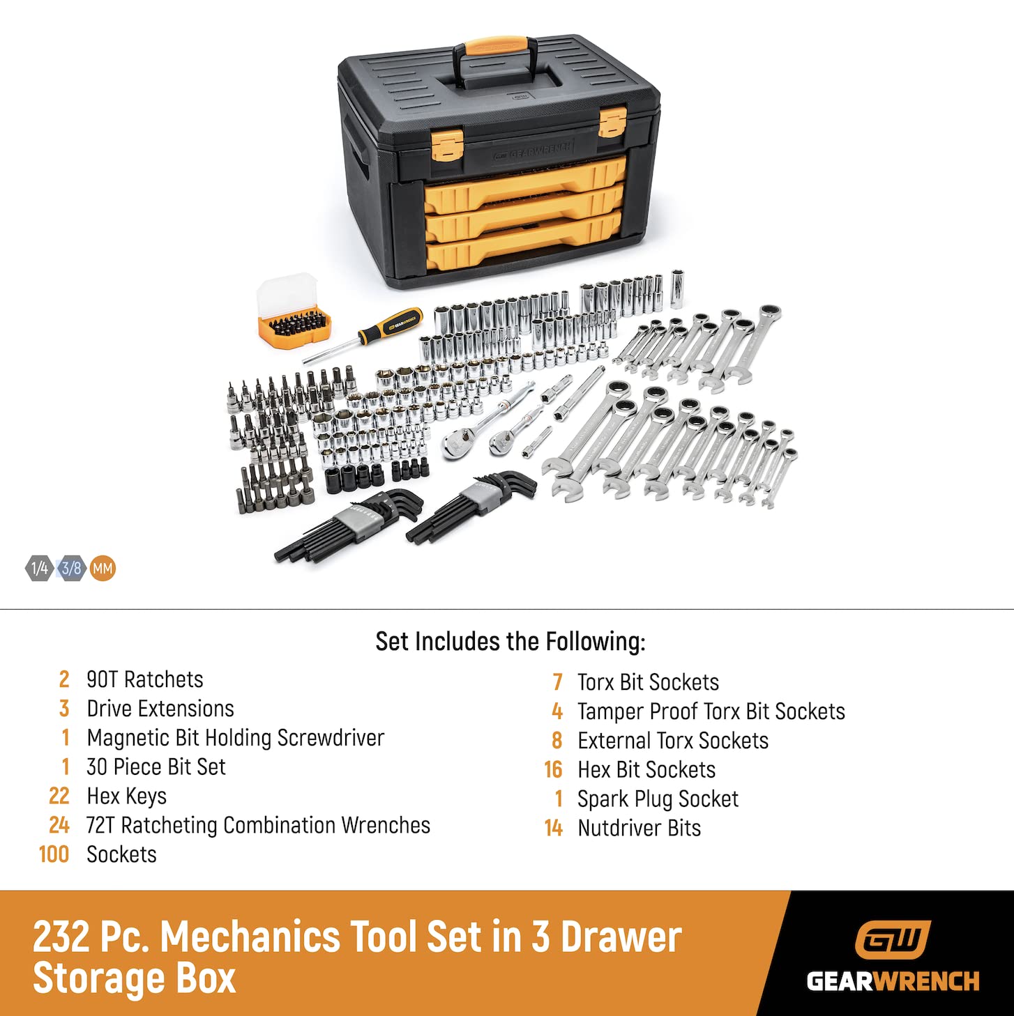 GEARWRENCH 80966 243 Pc. 6 Pt. Mechanics Tool Set In 3 Drawer Storage Box