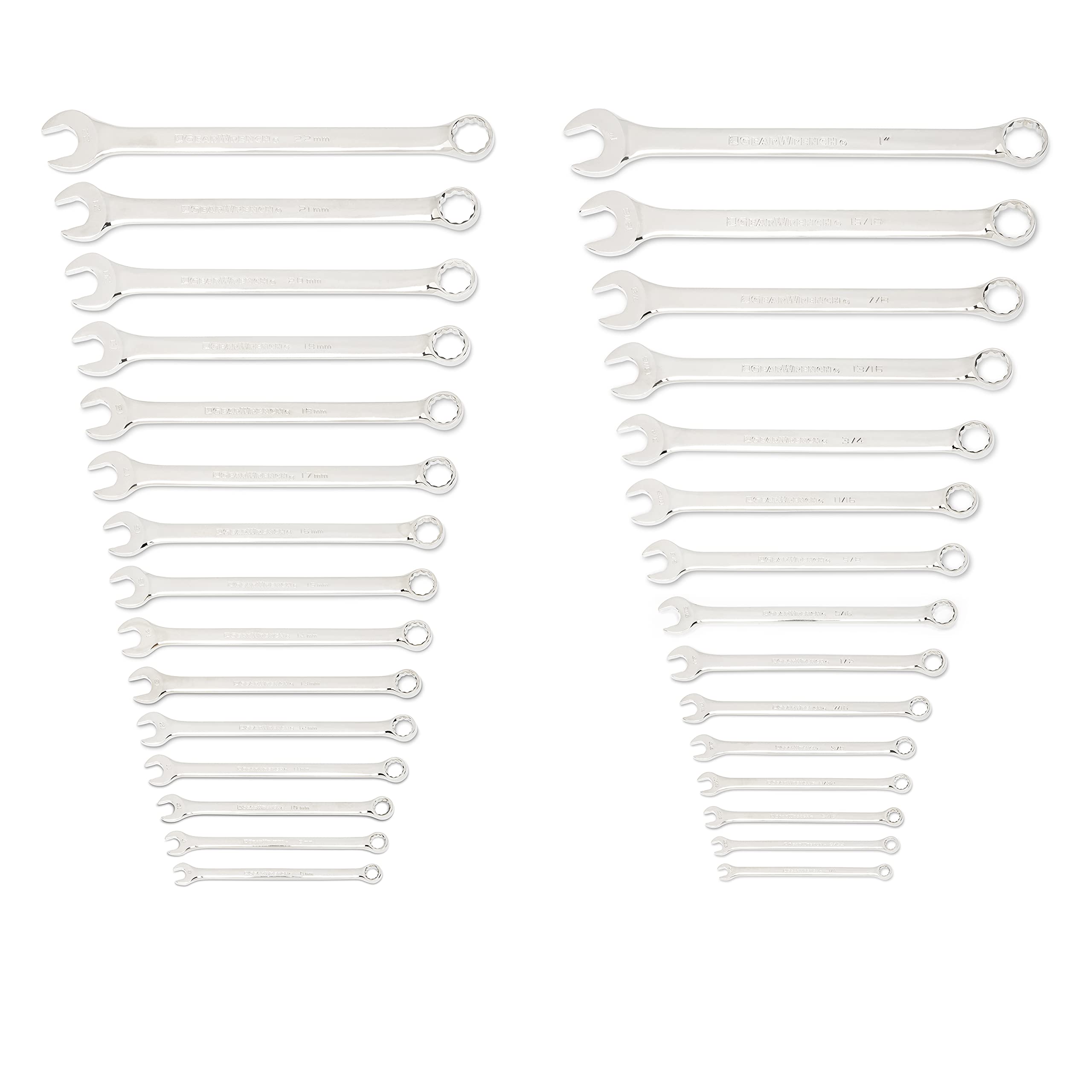 GEARWRENCH 30 Piece 12 Point Long Pattern Combination SAE/Metric Wrench Set with Wrench Racks (1/4-1 in., 8-22 mm) - 81937