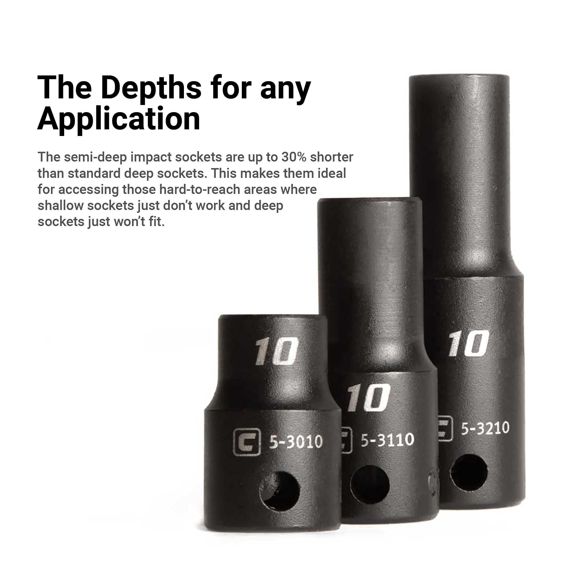 Capri Tools 3/8 in. Drive Shallow, Semi-Deep and Deep Impact Socket Set, Metric, 8 to 22 mm, 45-Piece