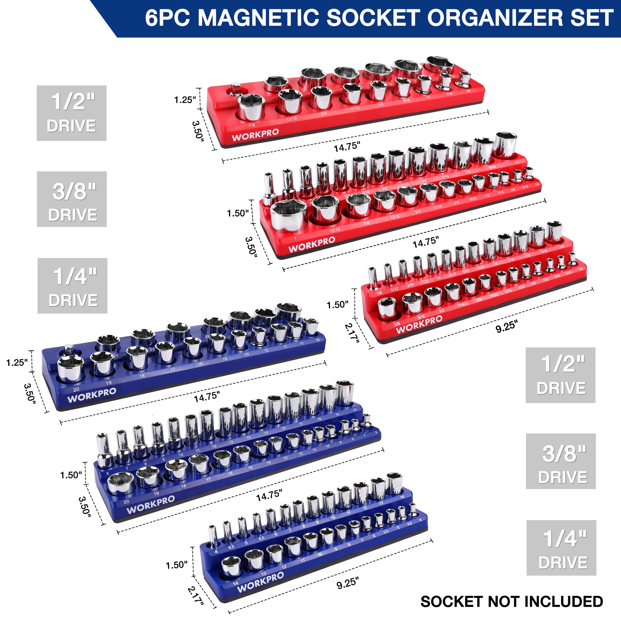 6-Piece Magnetic Socket Organizer Set — 1/4", 3/8" & 1/2" Drive, Metric & SAE