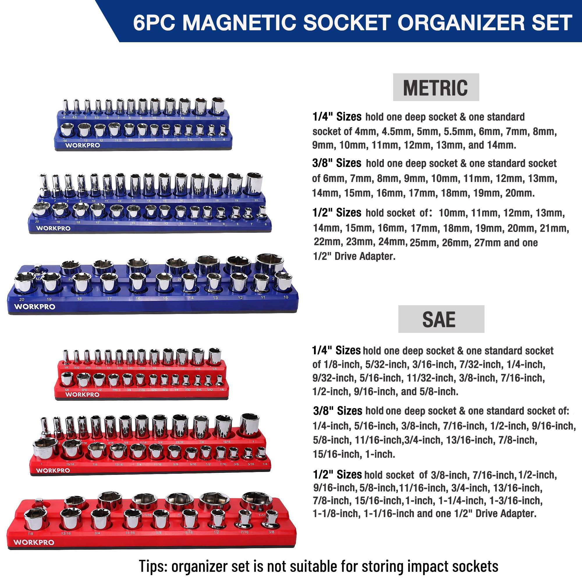 6-Piece Magnetic Socket Organizer Set — 1/4", 3/8" & 1/2" Drive, Metric & SAE