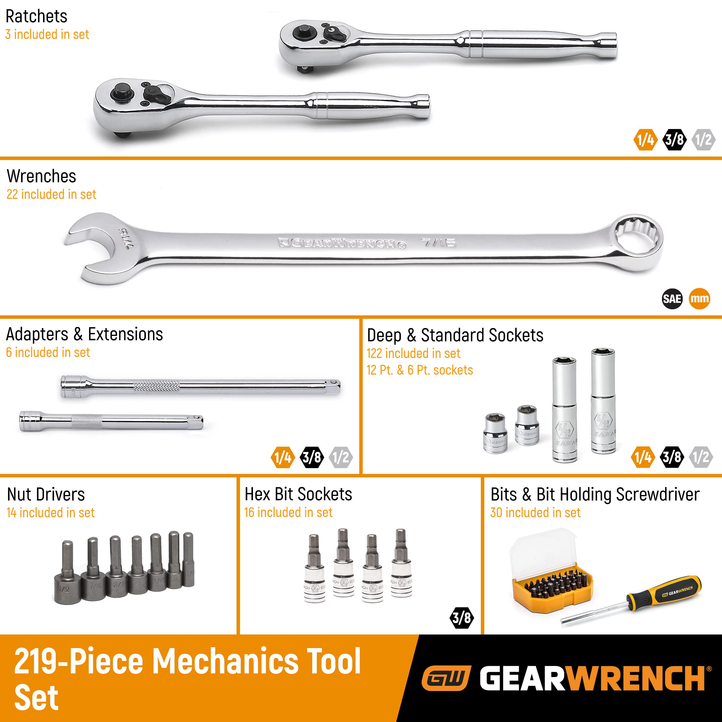 GEARWRENCH 80966 243 Pc. 6 Pt. Mechanics Tool Set In 3 Drawer Storage Box