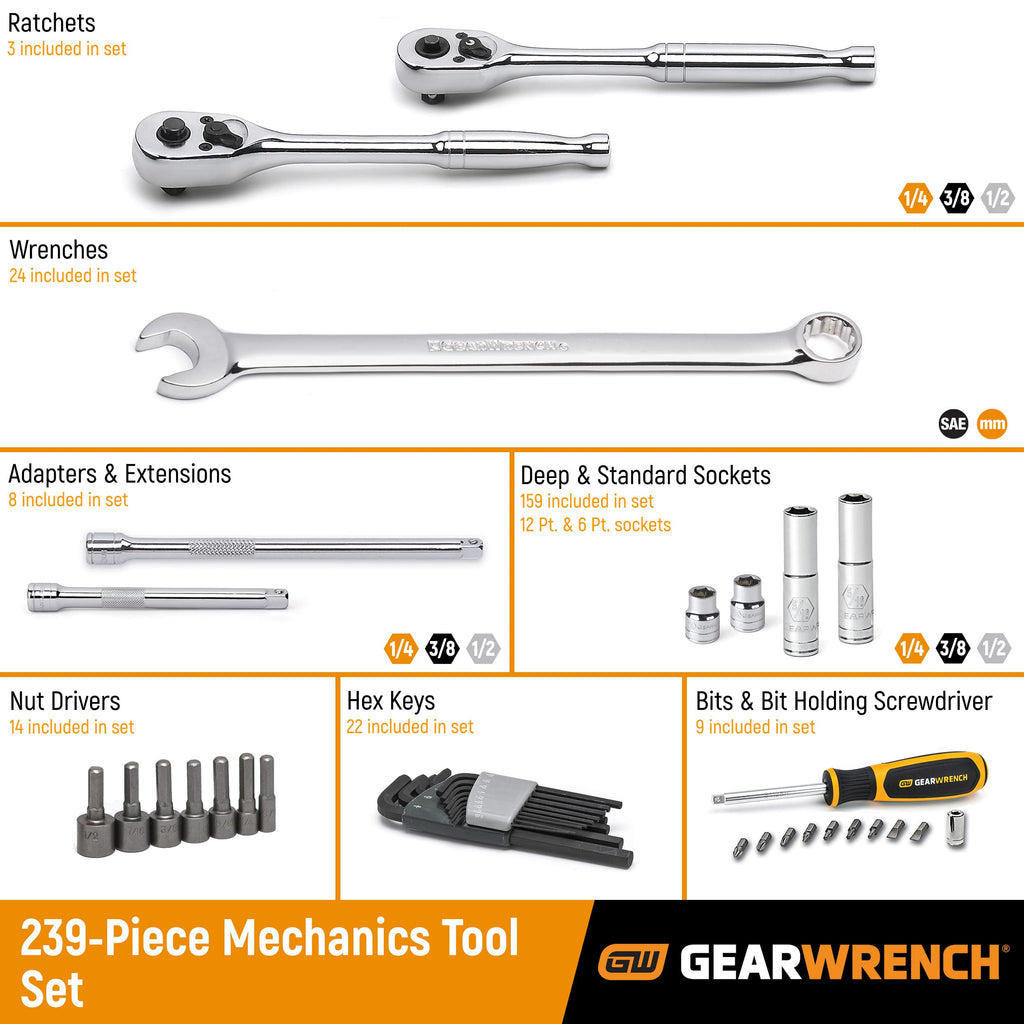 GEARWRENCH 80966 243 Pc. 6 Pt. Mechanics Tool Set In 3 Drawer Storage Box