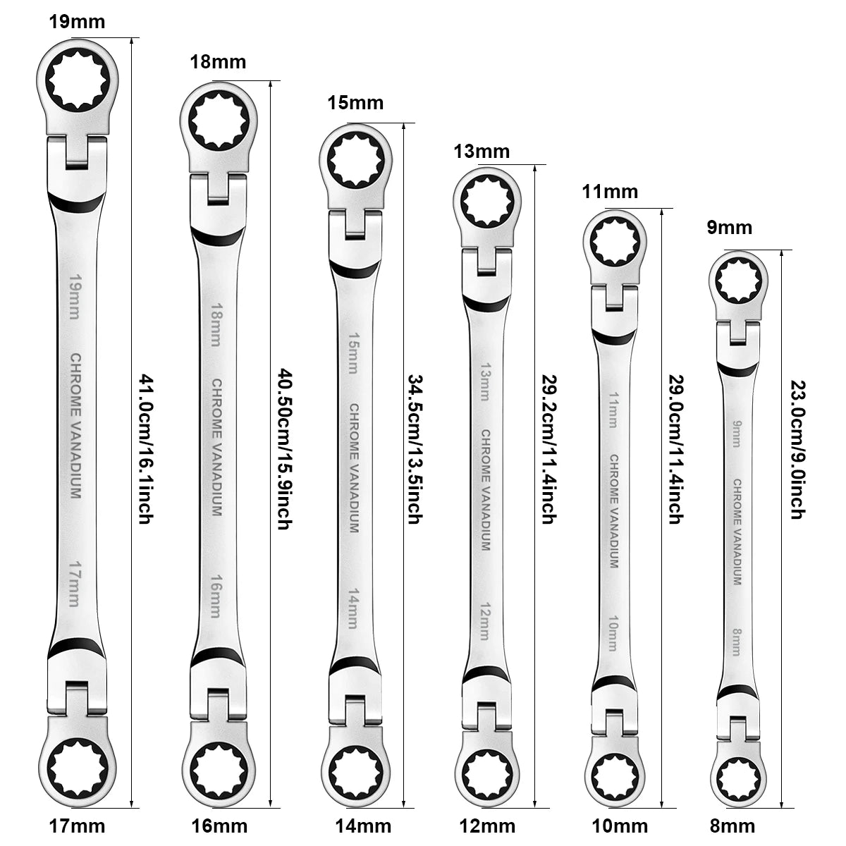 Extra Long Flex-Head Ratcheting Double Box End Wrench, Metric 8-19mm