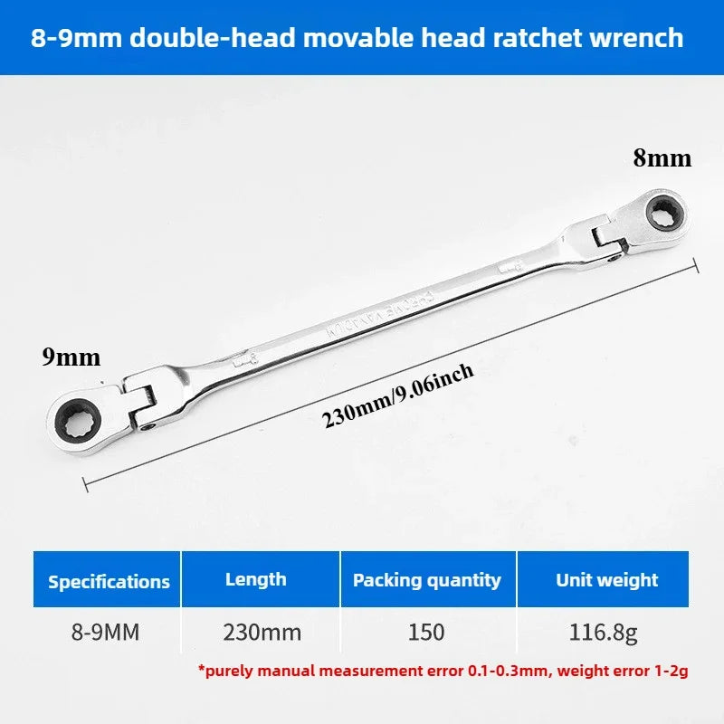 Flexible Head Ratcheting Wrench Double Box End Cr-V Steel Long Reach Auto Repair Tool