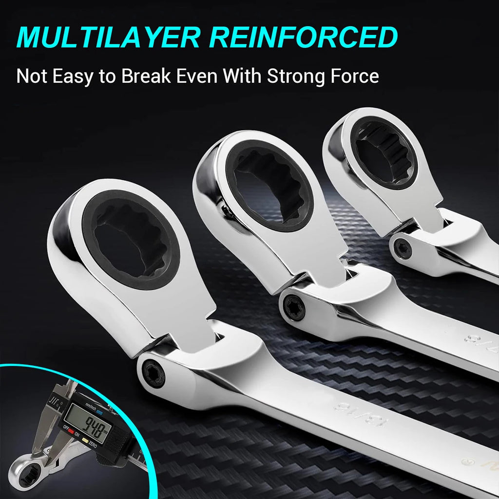 Extra Long Flex-Head Ratcheting Double Box End Wrench, Metric 8-19mm