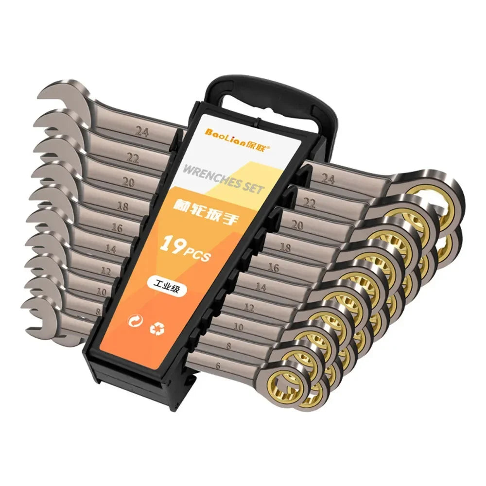 Chrome Vanadium Steel Ratchet Wrench Set | Mirror Polish Double End Mechanic Tool Kit, Rust-Resistant Heavy Duty Repair Wrench Set