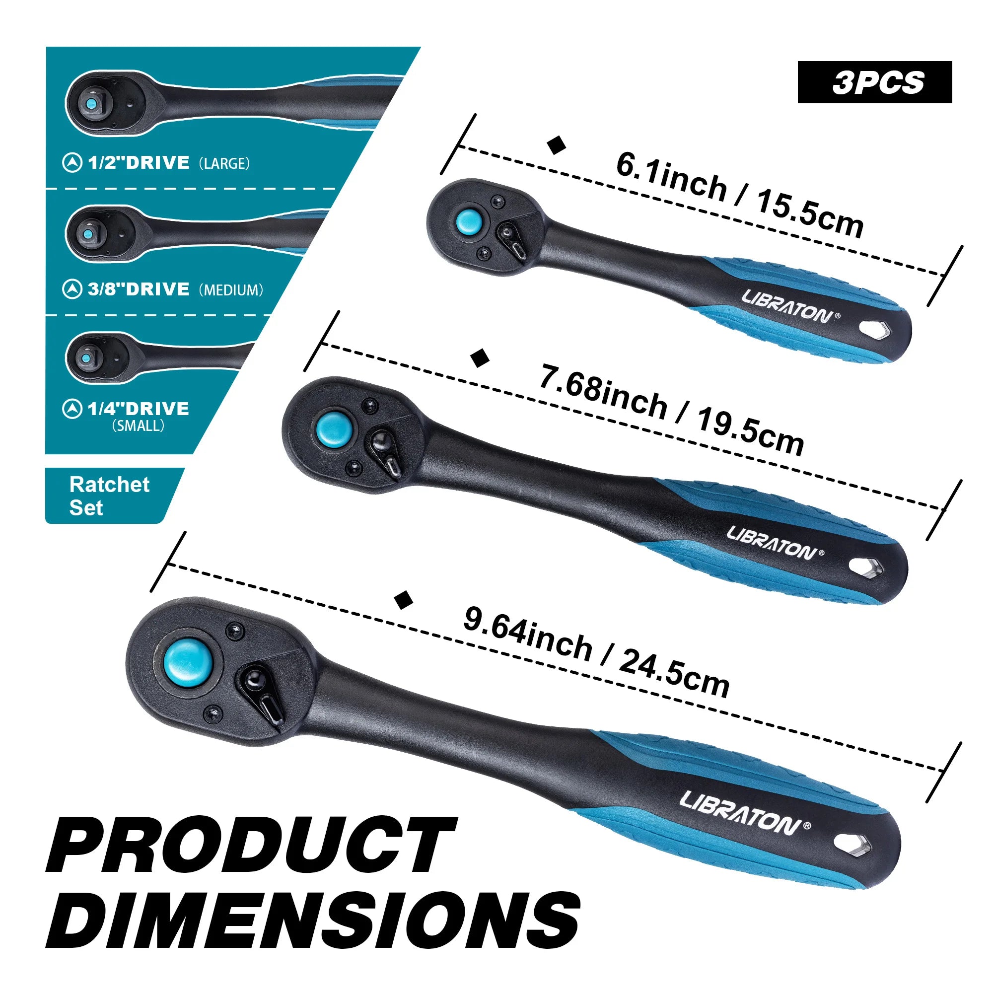 LIBRATON 3-Piece Ratchet Wrench Set | 1/4” 3/8” 1/2” Drive, 72-Tooth Quick Release Chrome Vanadium Steel with EVA Organizer
