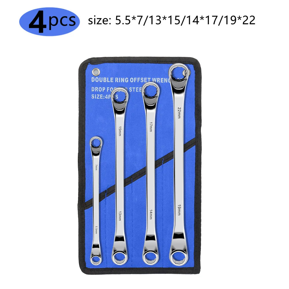 Metric Offset Box End Wrench Set (4–10 Pc) – CR-V Chrome Steel 12-Point Spanners w/ Roll-Up Pouch