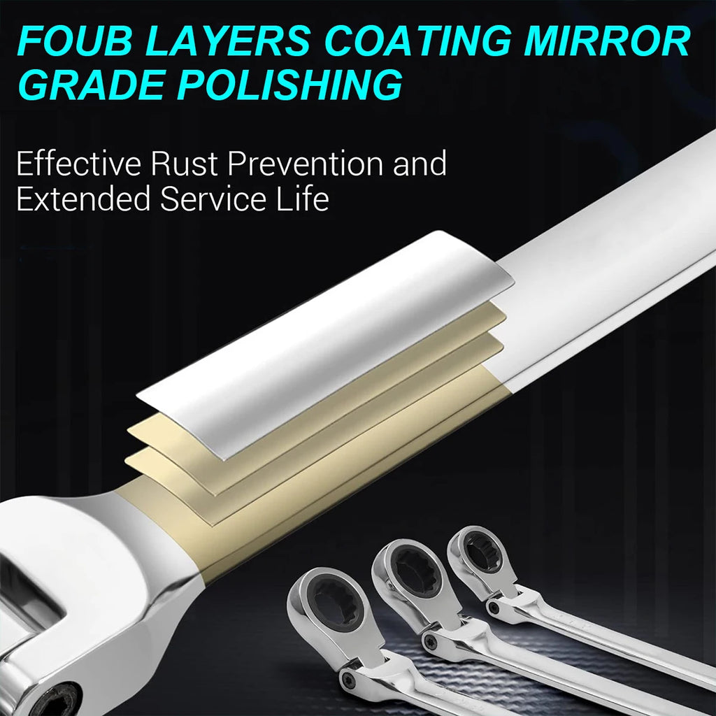 Extra Long Flex-Head Ratcheting Double Box End Wrench, Metric 8-19mm