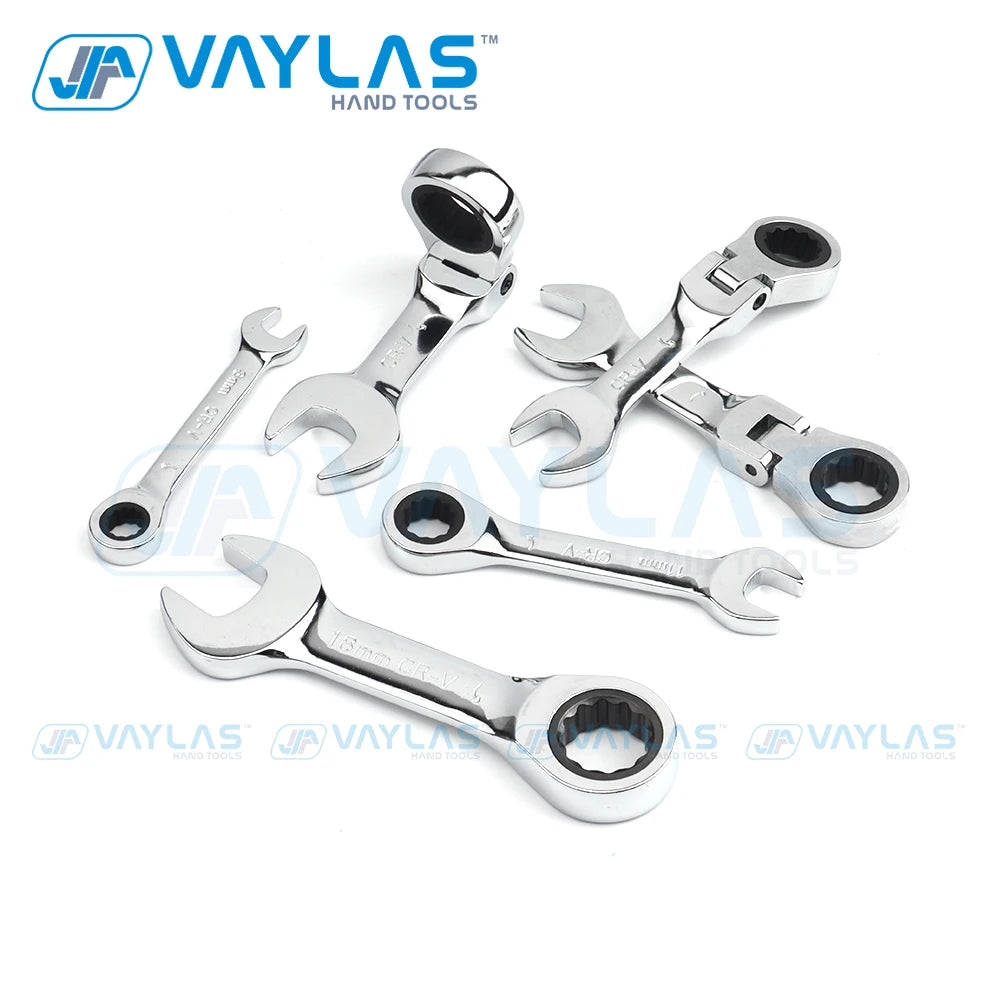 Stubby Ratcheting Wrench | Fixed & Flex Head | 72-Tooth CR-V Steel | 6–19mm