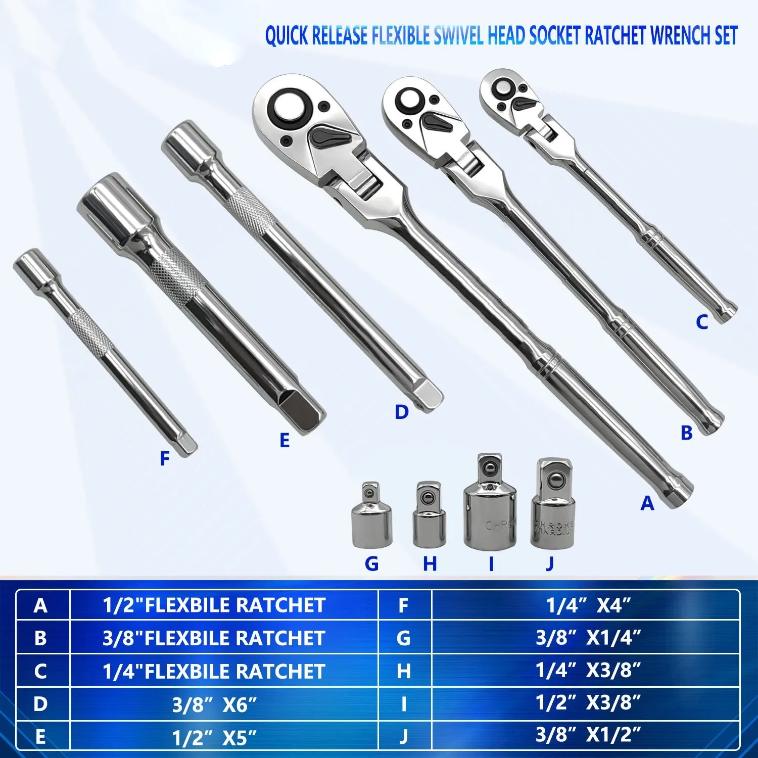 10Pc Flex Head Ratchet Wrench Set 1/4 3/8 1/2 Drive 72 Tooth Quick Release Socket Tool Kit