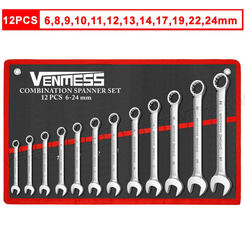 Metric Combination Wrench Set (7–14 Pc) CR-V Steel 8–24mm Spanner Set w/ Roll-Up Pouch for Auto Repair & Mechanics