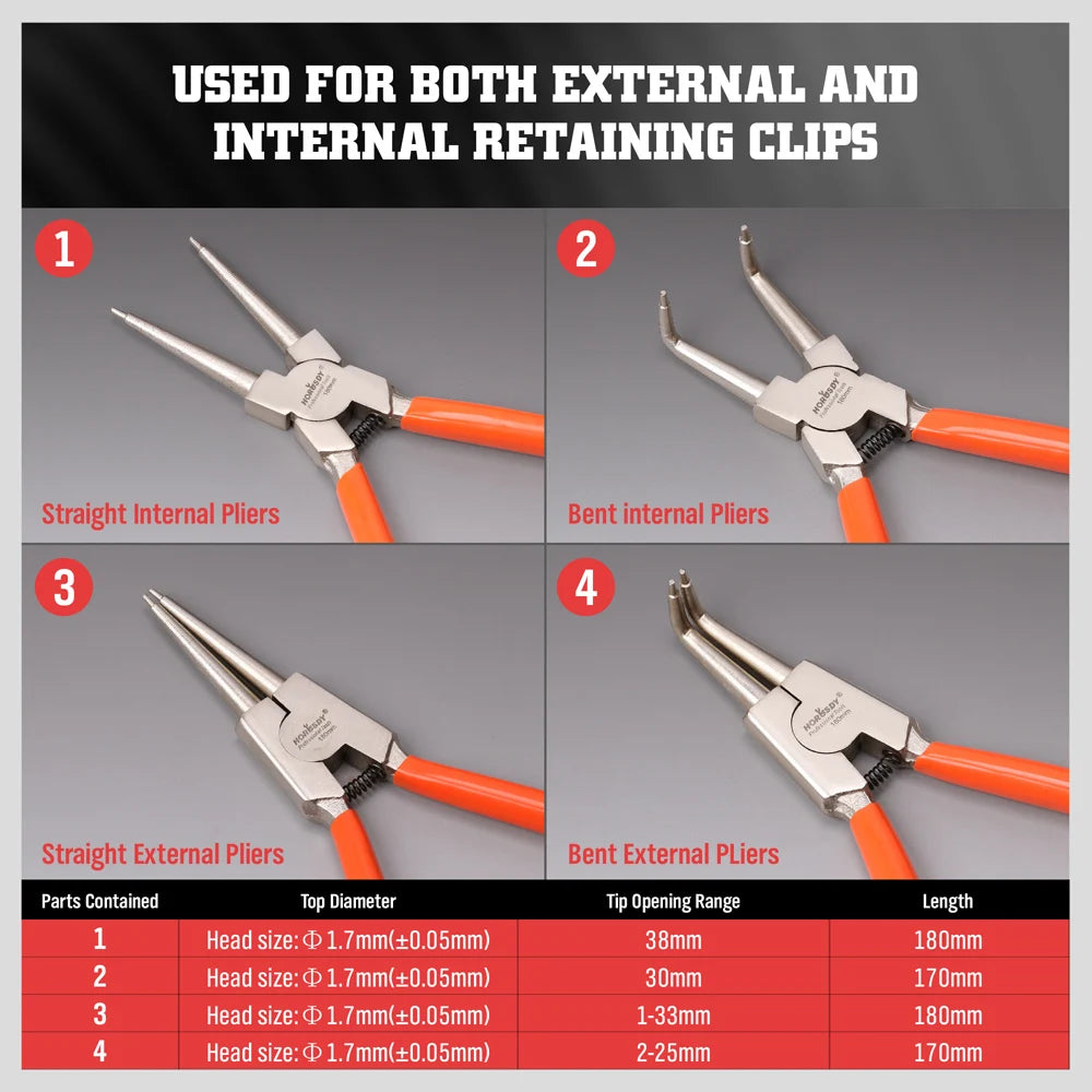 4Pc Snap Ring Pliers Set 7” Internal External Circlip Pliers Bent Straight Tip with Storage Bag