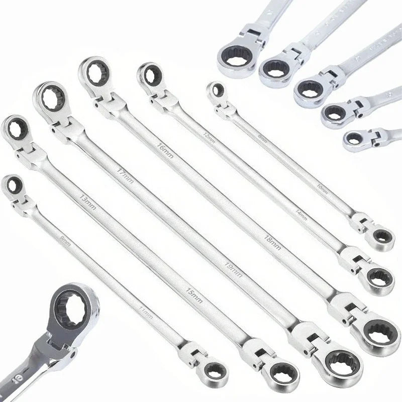 Flexible Head Ratcheting Wrench Double Box End Cr-V Steel Long Reach Auto Repair Tool