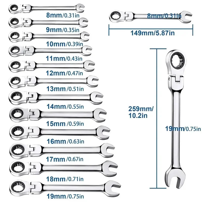 Flex Head Ratcheting Wrench Metric (6mm–18mm) – CR-V 72 Tooth Gear Spanner Combination Tool for Auto Repair & Mechanics