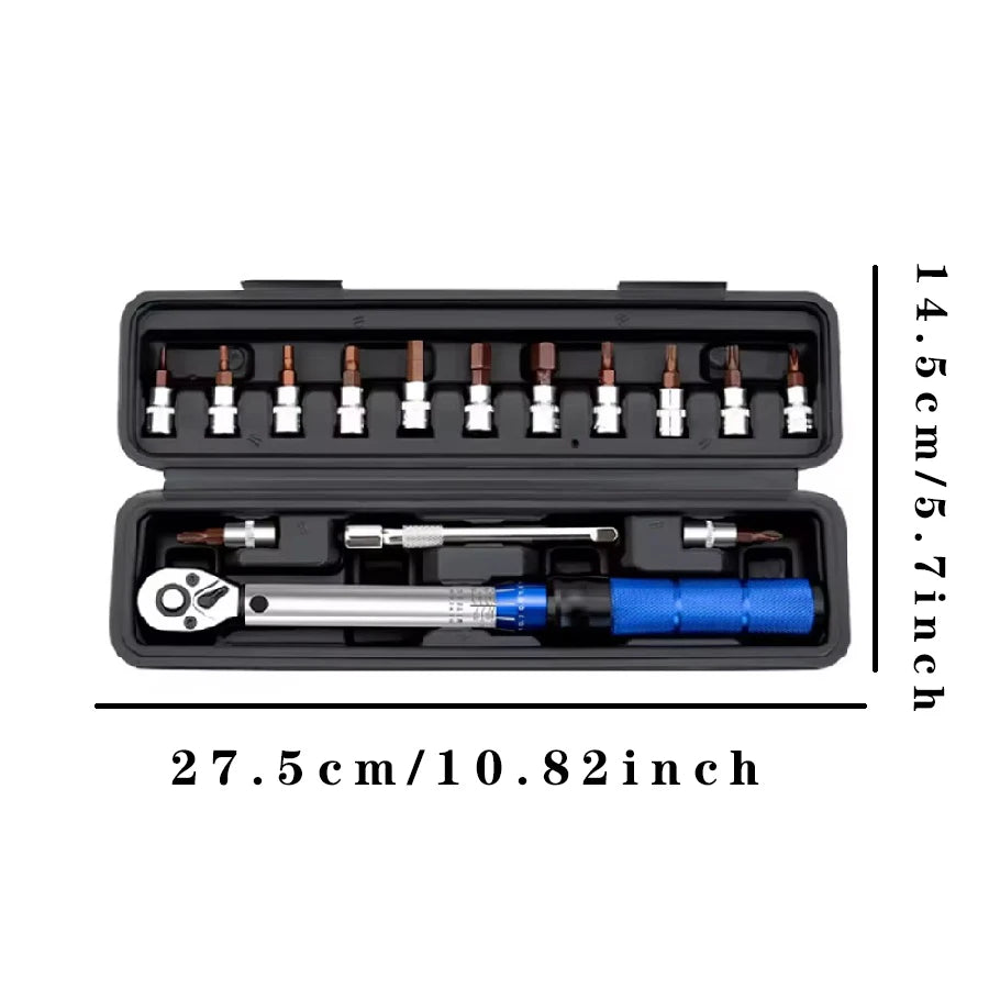 1/4” Drive Adjustable Torque Wrench Set (2–24N·m) | 72-Tooth CR-V Steel Precision Ratchet Kit with 13 Bits & Storage Case