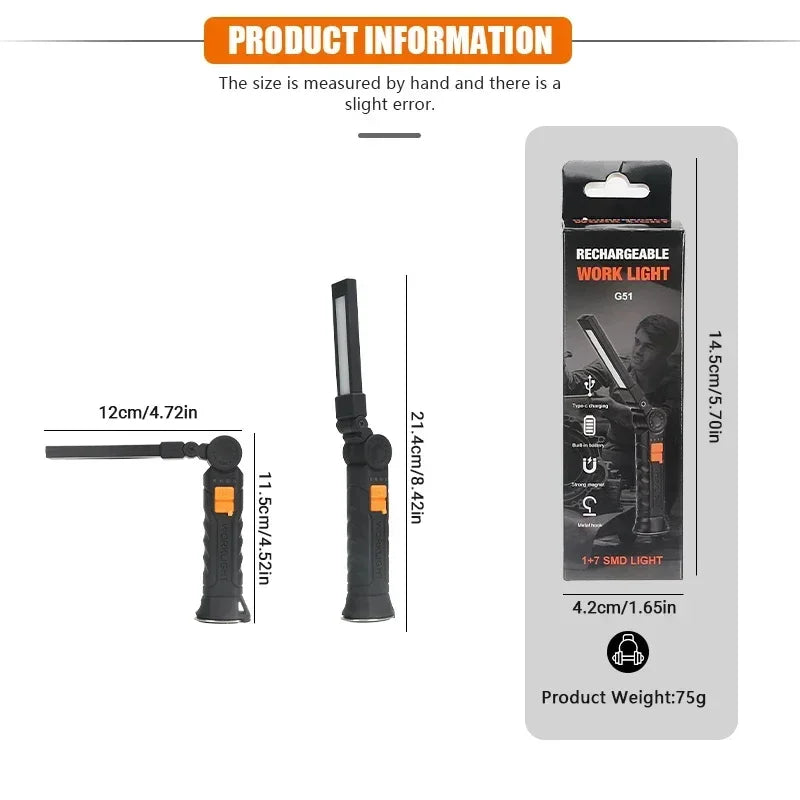 Small Rechargeable LED Flashlight Work Light with Magnet & Hook, Waterproof!