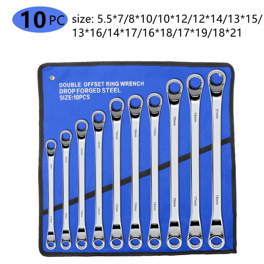 Metric Offset Box End Wrench Set (4–10 Pc) – CR-V Chrome Steel 12-Point Spanners w/ Roll-Up Pouch