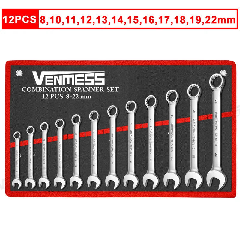 Metric Combination Wrench Set (7–14 Pc) CR-V Steel 8–24mm Spanner Set w/ Roll-Up Pouch for Auto Repair & Mechanics