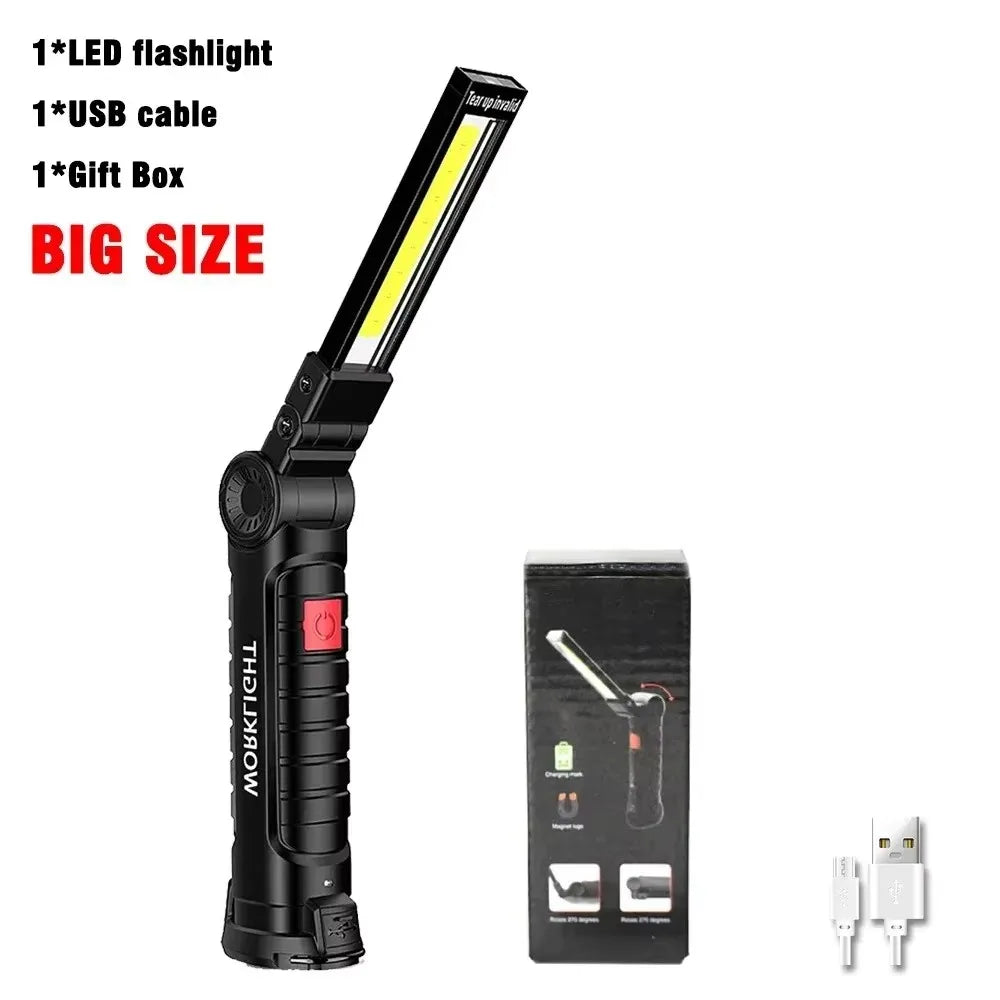 Rechargeable LED Work Light Flashlight w/ Magnetic Base, Foldable Portable Lamp, Waterproof, High/Low Modes