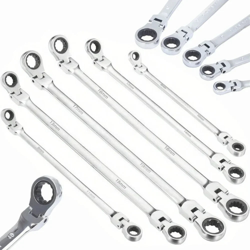 Flexible Head Ratcheting Wrench Double Box End Cr-V Steel Long Reach Auto Repair Tool