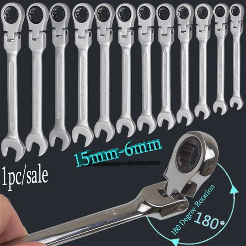 Flex Head Ratcheting Wrench Metric (6mm–18mm) – CR-V 72 Tooth Gear Spanner Combination Tool for Auto Repair & Mechanics