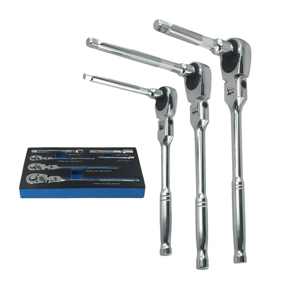 6-Piece Flex Head Ratchet Wrench Set | 72-Tooth Chromium Vanadium Steel | 1/4” 3/8” 1/2” Drive Swivel Ratchet Kit With Foam