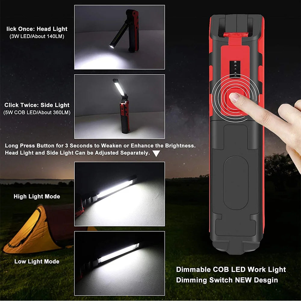 Rechargeable LED Work Light COB Magnetic Folding 270° Inspection Lamp Torch Hook Garage Camping Light