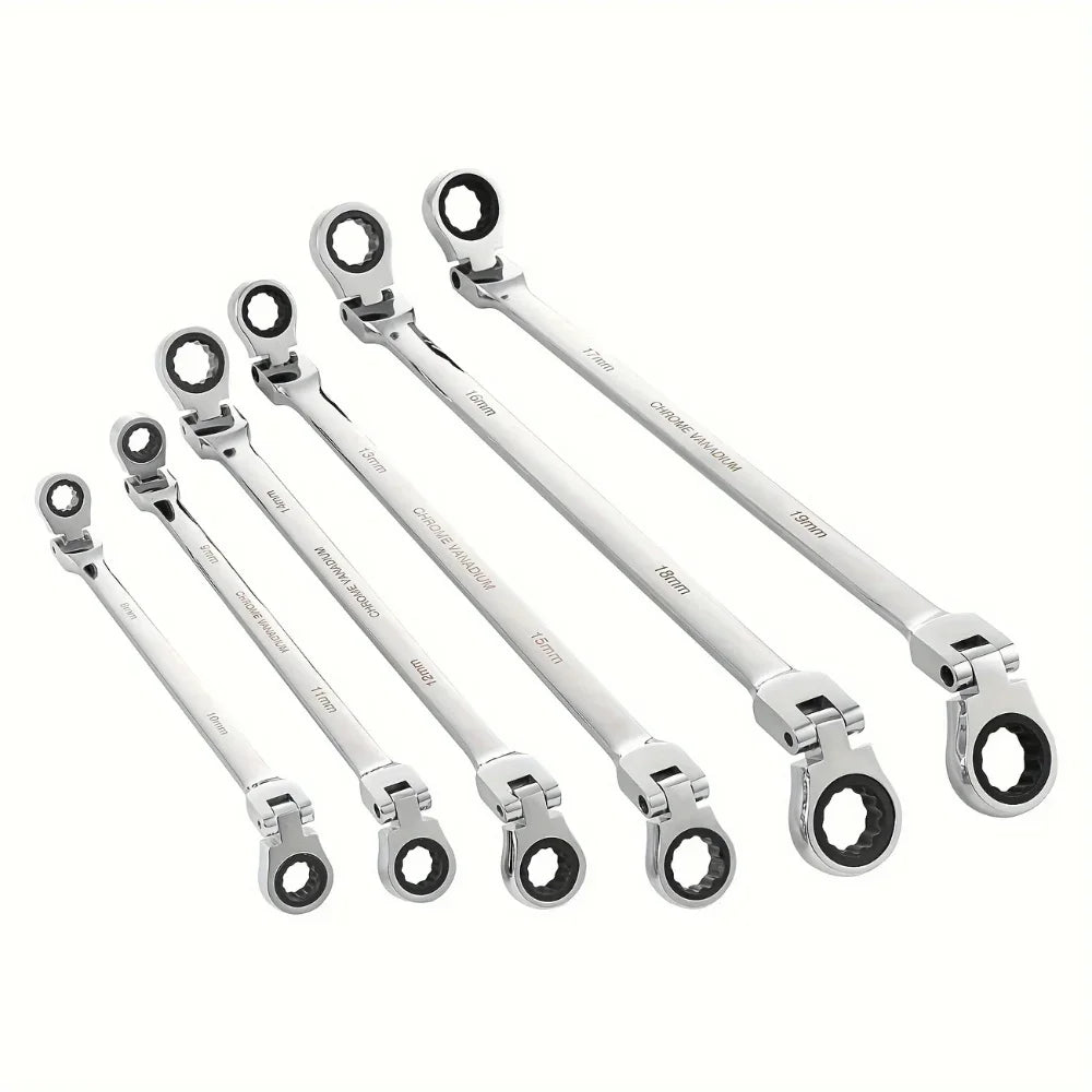 Flexible Head Ratcheting Wrench Double Box End Cr-V Steel Long Reach Auto Repair Tool