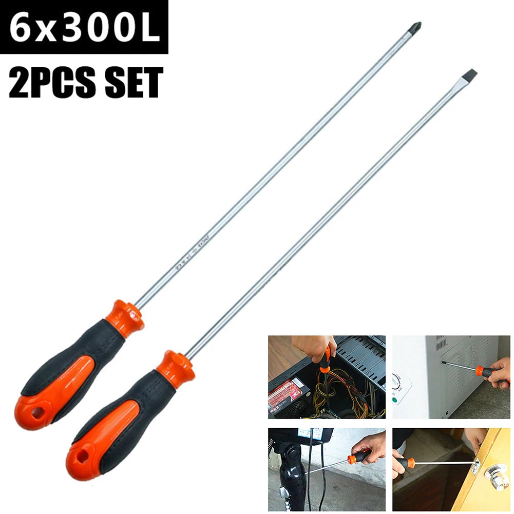 VIBRATITE 12" Extra Long Magnetic Screwdriver Set Cross & Slotted Hard-to-Reach Tools