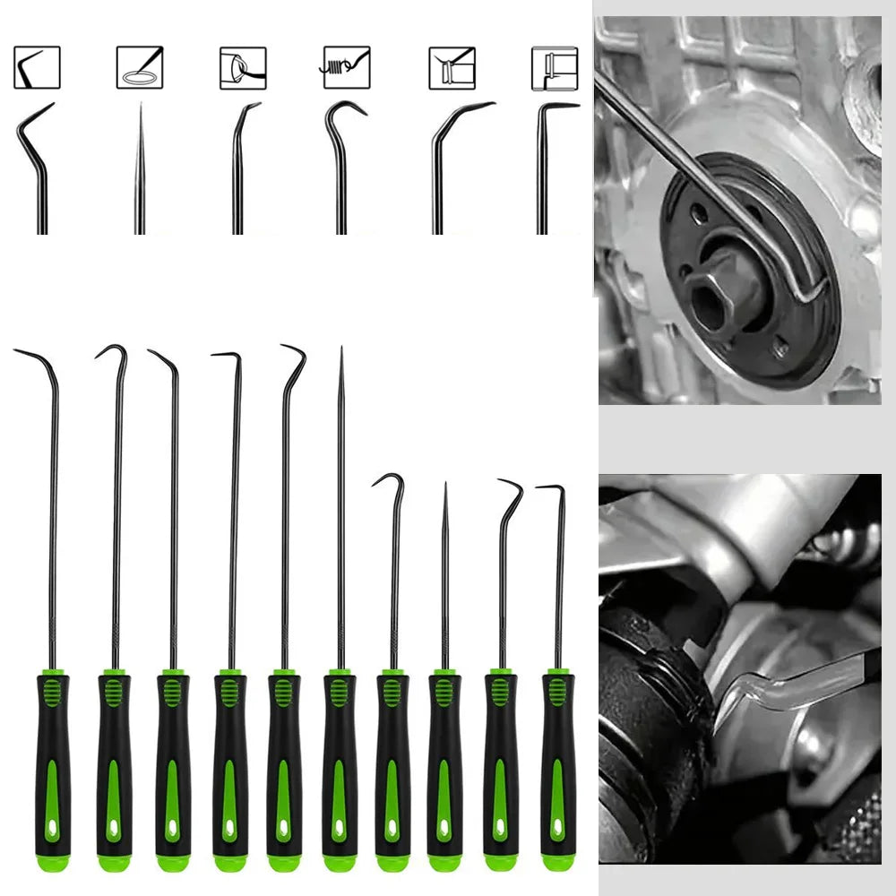 10 Piece Green Pick & Hook Set – Precision O-Ring Seal Puller Tools – Automotive & DIY