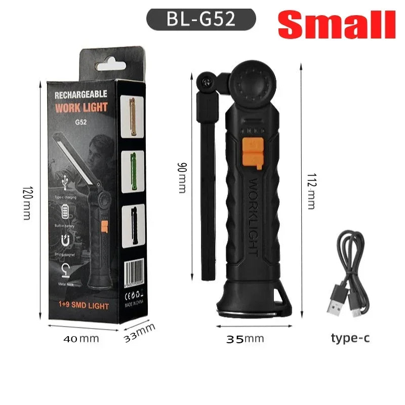 Rechargeable LED Flashlight Work Light with Magnet & Hook, Waterproof!
