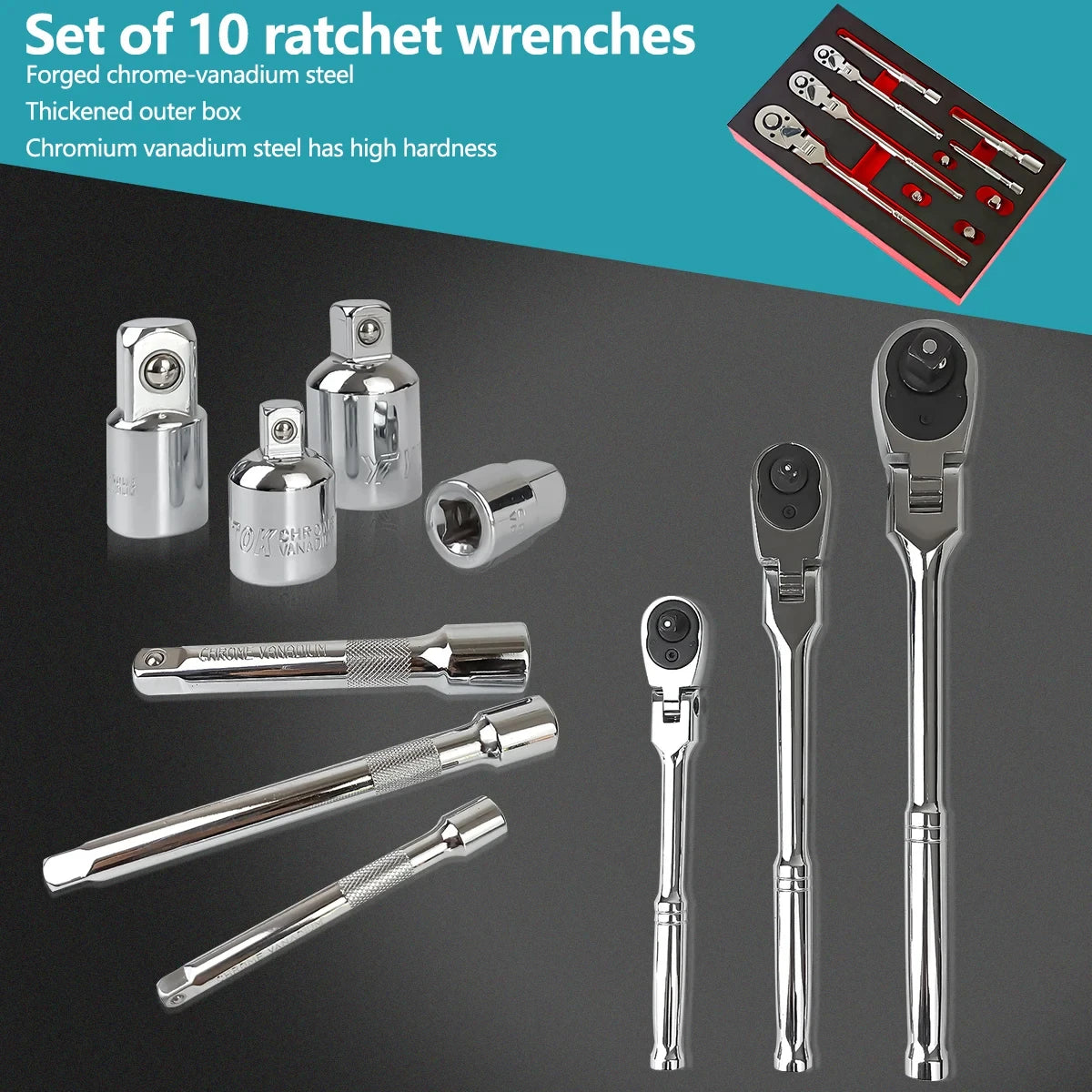 10Pc Flex Head Ratchet Wrench Set 1/4 3/8 1/2 Drive 72 Tooth Quick Release Socket Tool Kit