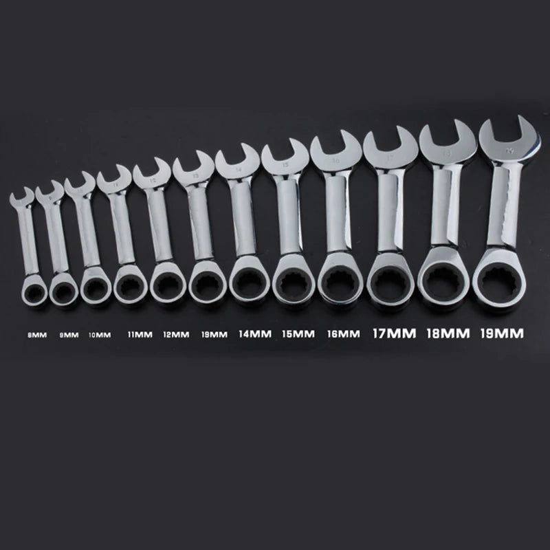 WEELEE Stubby Reversible Ratchet Wrench 8–19mm – CR-V Chrome Steel Socket Spanner Tool for Auto Repair & Mechanics