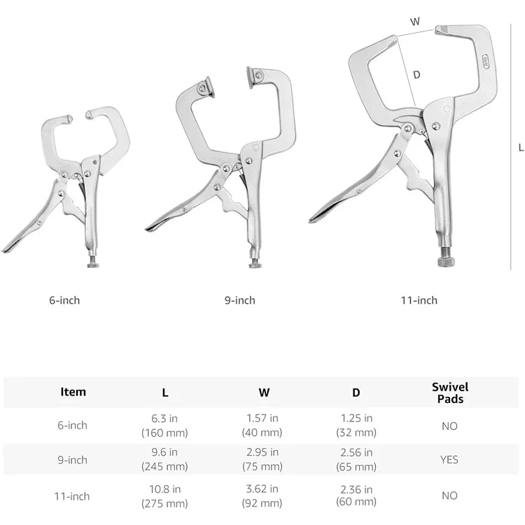 3-Piece C-Clamp Locking Plier Set – 6", 9", 11" Multi-Function Hand Tools for Workshop & DIY