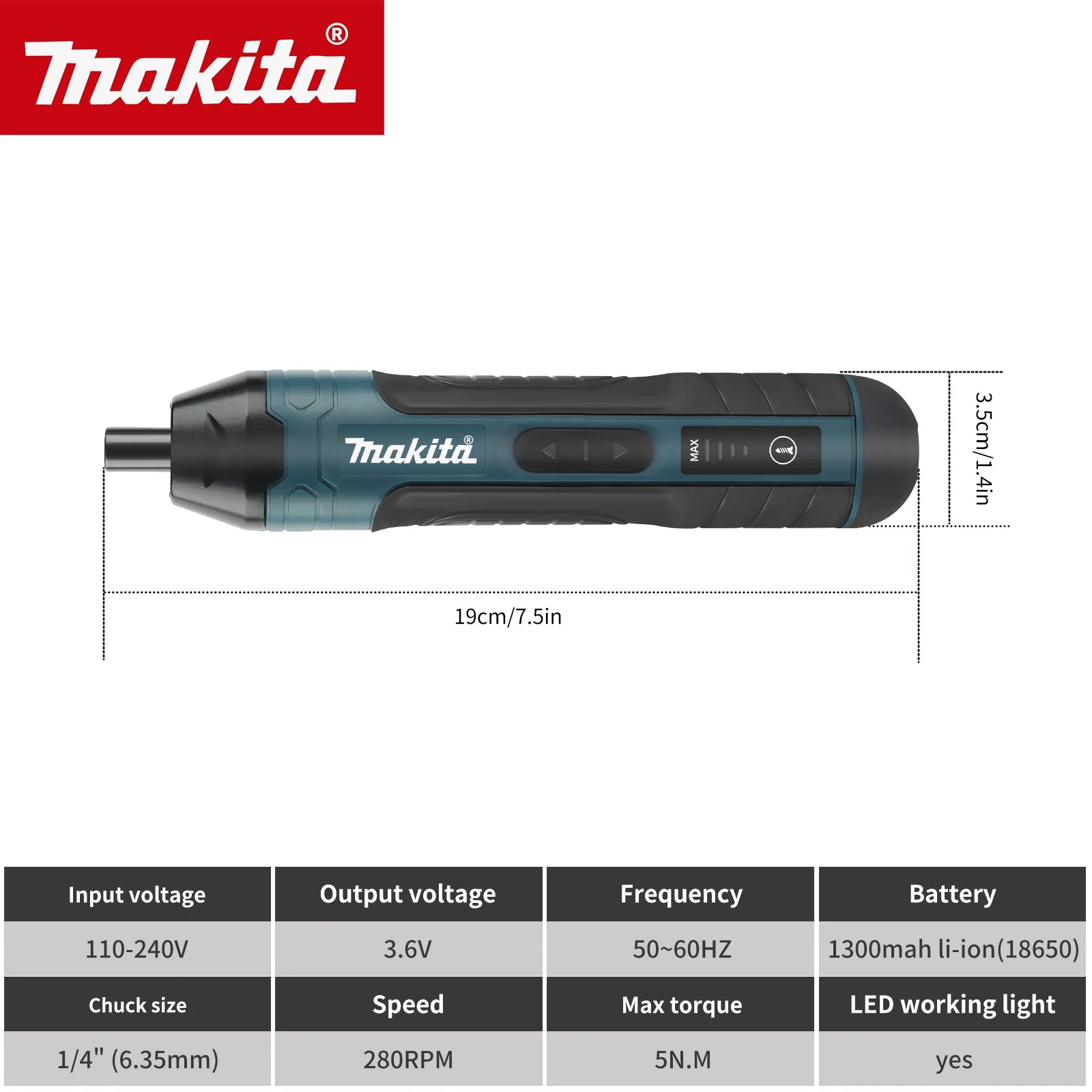 Makita Cordless Electric Screwdriver | 3.6V 5N.m Torque | 1/4" Chuck | 1300mAh Li - ion Battery