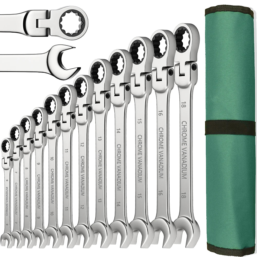 Ratcheting Flex-Head Wrench Set 8-22mm Combination With Canvas Bag