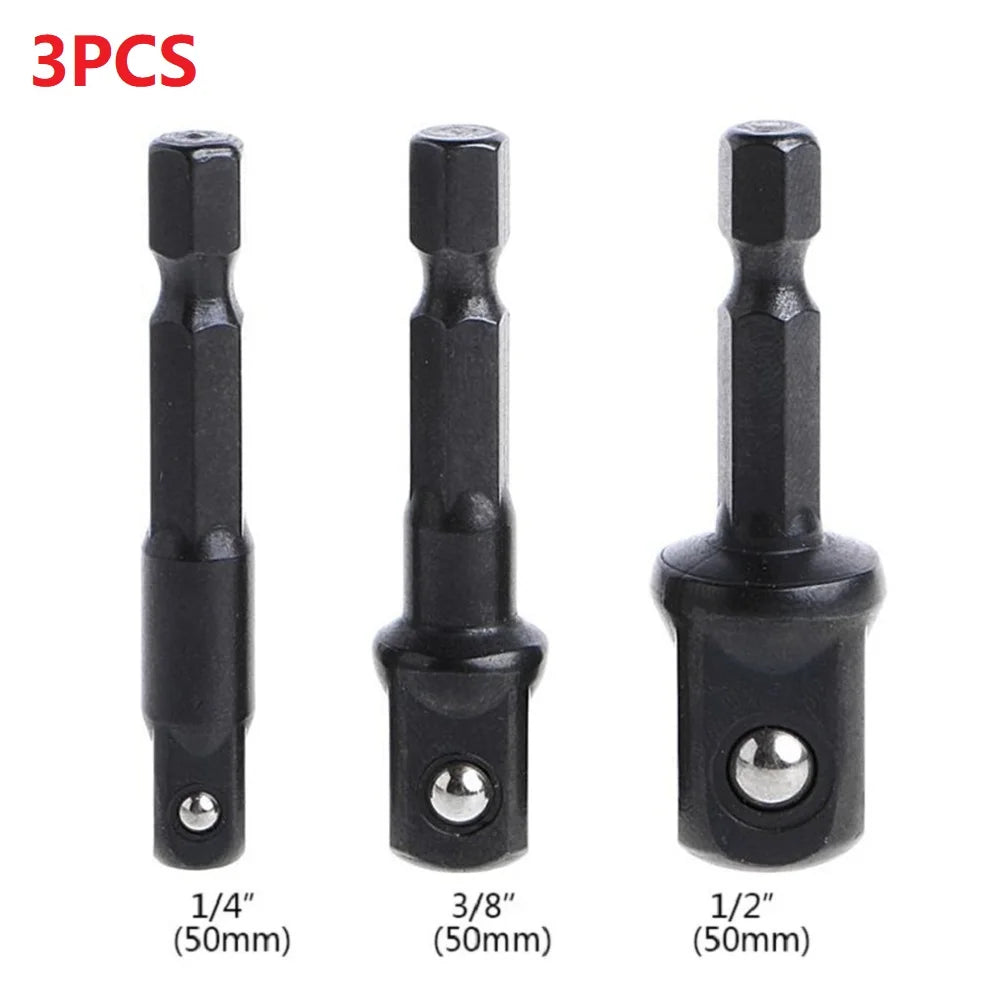 3Pc Drill Socket Adapter Set 1/4 3/8 1/2 Impact Extension Bar Hex Shank Cr-V Nut Driver Kit