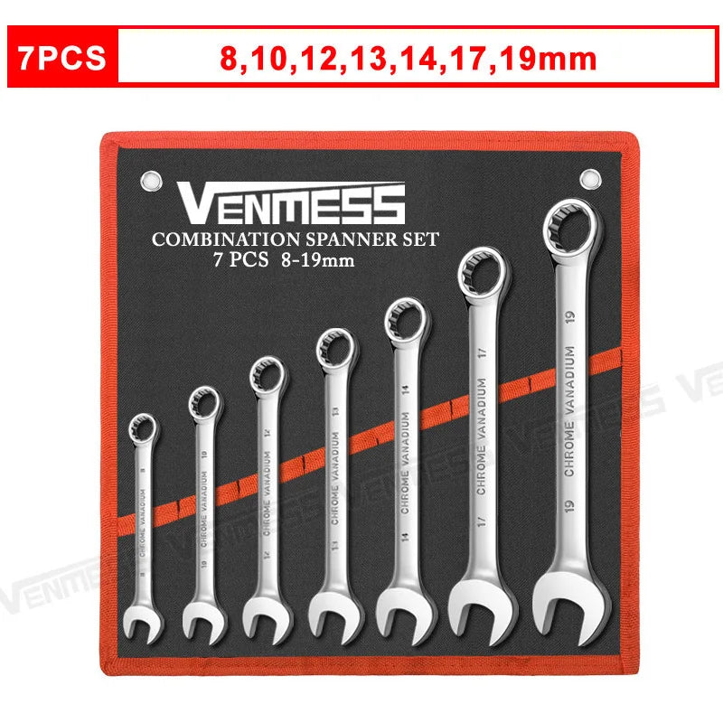 Metric Combination Wrench Set (7–14 Pc) CR-V Steel 8–24mm Spanner Set w/ Roll-Up Pouch for Auto Repair & Mechanics