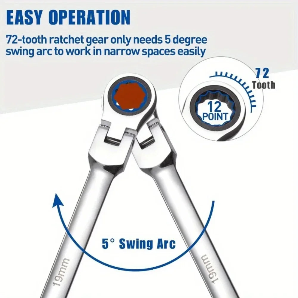 Flexible Head Ratcheting Wrench Double Box End Cr-V Steel Long Reach Auto Repair Tool