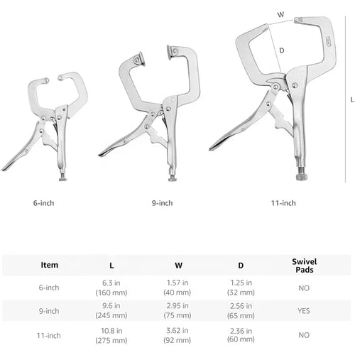3-Piece C-Clamp Locking Plier Set – 6", 9", 11" Multi-Function Hand Tools for Workshop & DIY