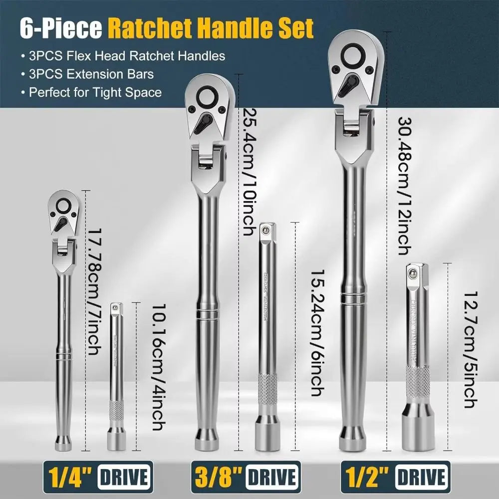 6-Piece Flex Head Ratchet Wrench Set | 72-Tooth Chromium Vanadium Steel | 1/4” 3/8” 1/2” Drive Swivel Ratchet Kit With Foam